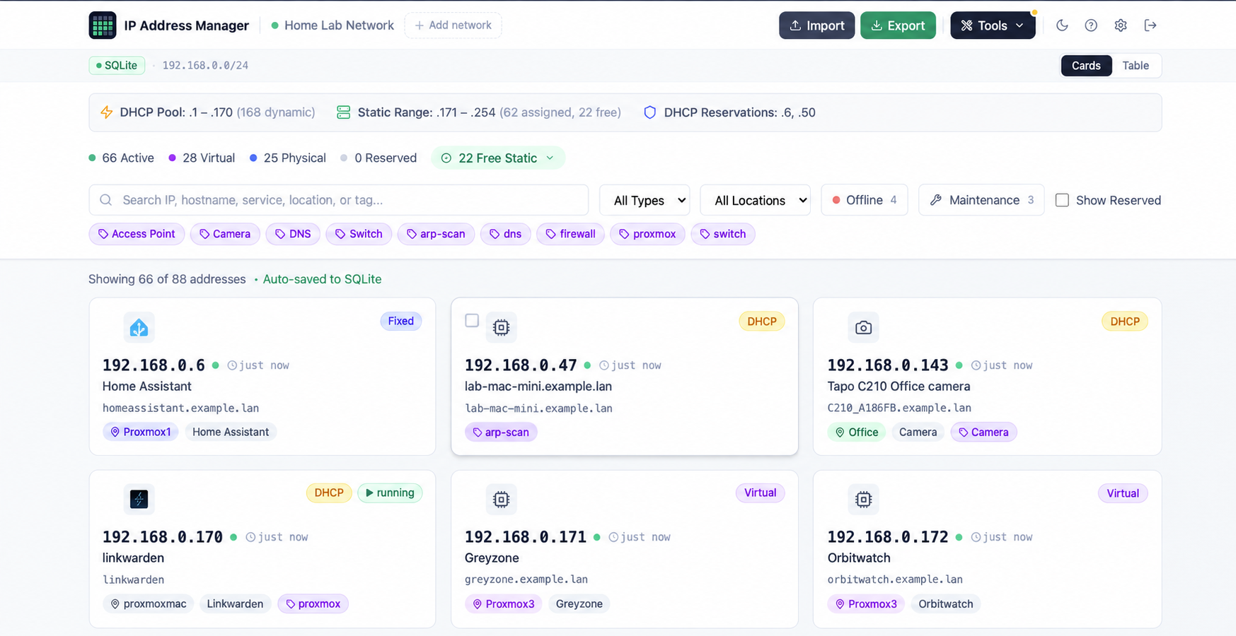 IP Manager cards view with Offline and Maintenance filters, device status, network ranges and service tags